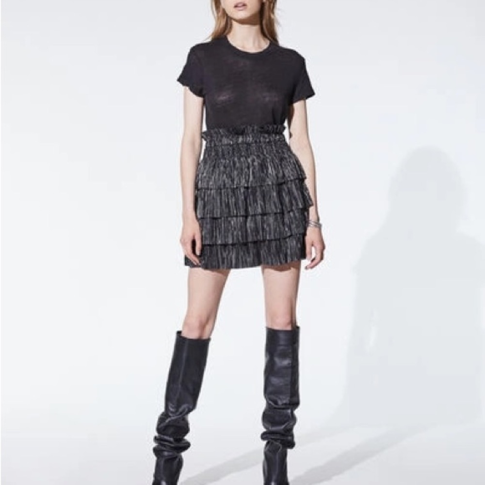 IRO Tacna Tiered Metallic Plissé-Satin Mini Skirt size 40